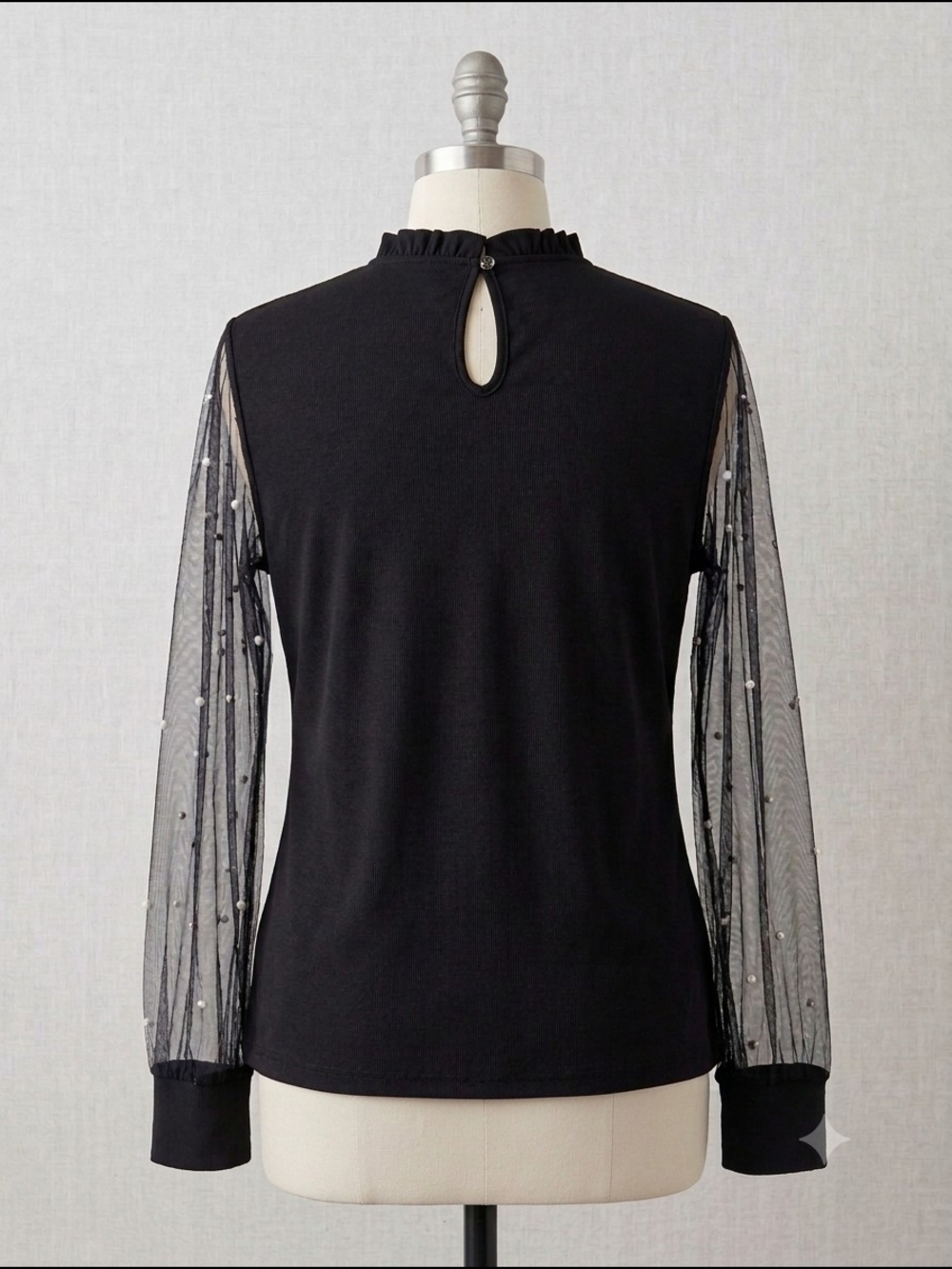 Black Mock Neck Blouse With Sheer Pearl-Sleeve Size XL NWT - Picture 2 of 13